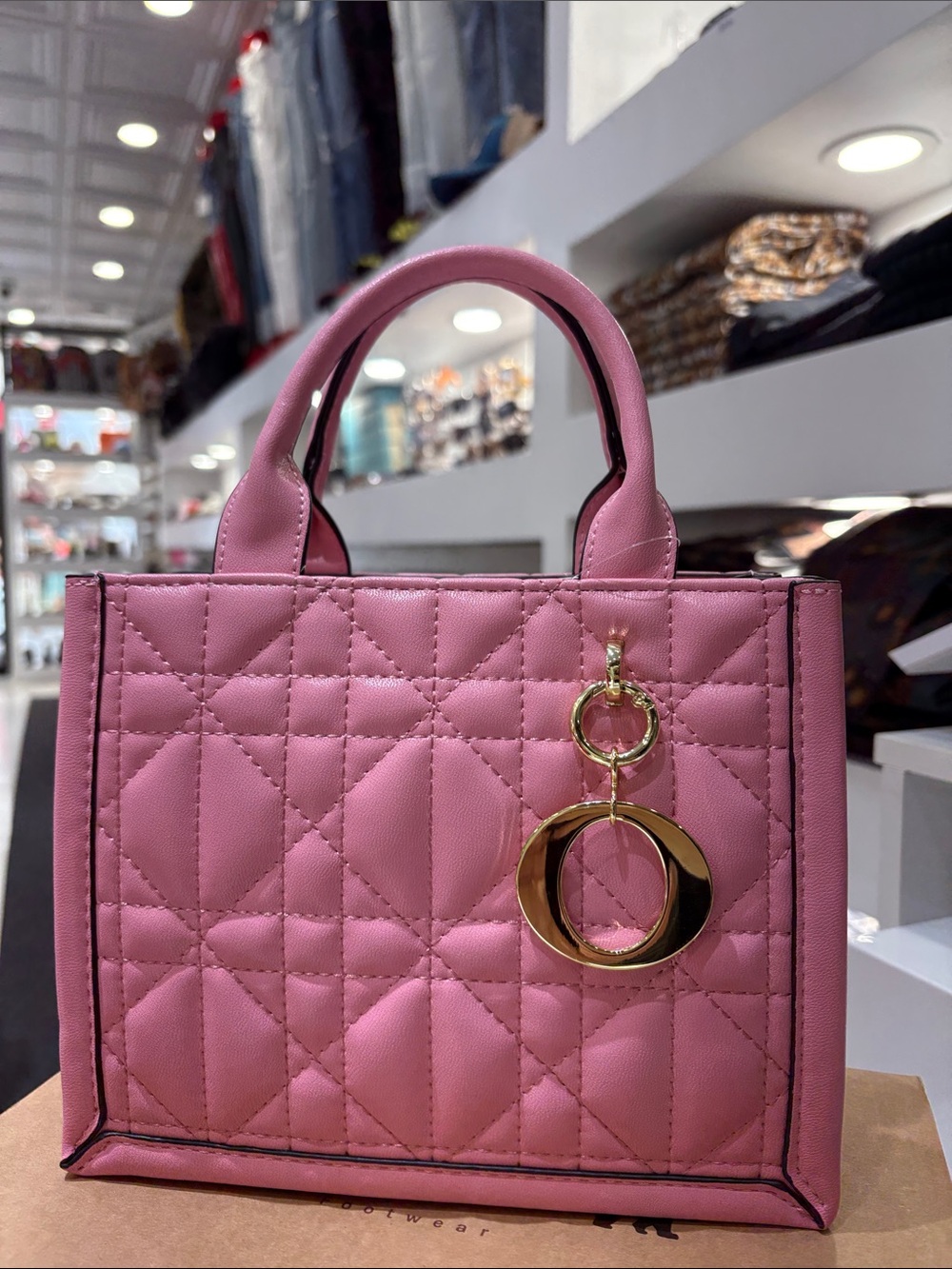 Quilted Pink Top-Handle Tote with Gold Ring Charm
